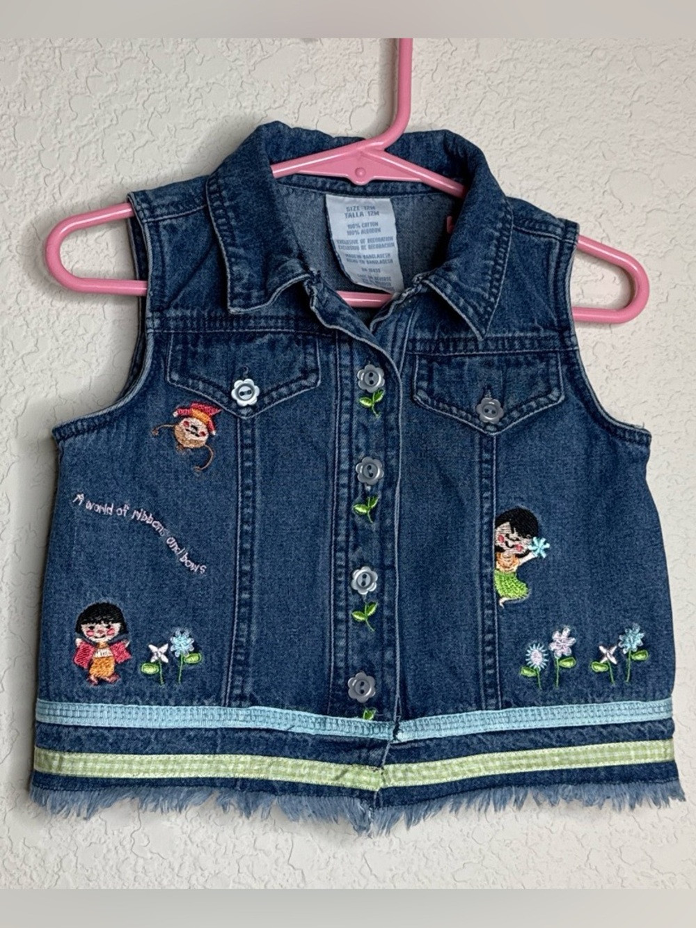Girls Denim Vest 12M Embroidered Ribbons Bows Fringe Hem Jean